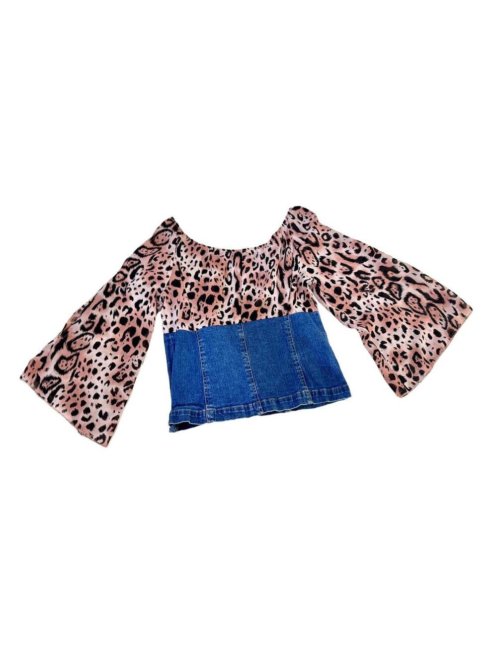 Vintage 90s Forenza Pink Leopard Print Denim Corset Blouse Top Size 10 - Picture 2 of 9